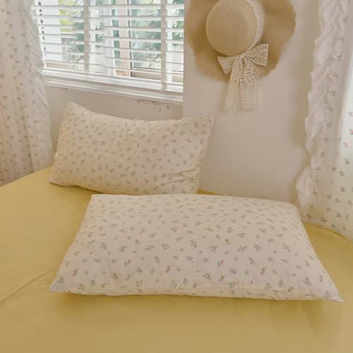 Image of Pastel Ditsy Floral Duvet Cover Set, Cream Off-White Double Layer Gauze Cotton Bedding Set, Soft Breathable Green Leaves Comforter Cover for Cottagecore French Country Bedroom Decor, Queen Size