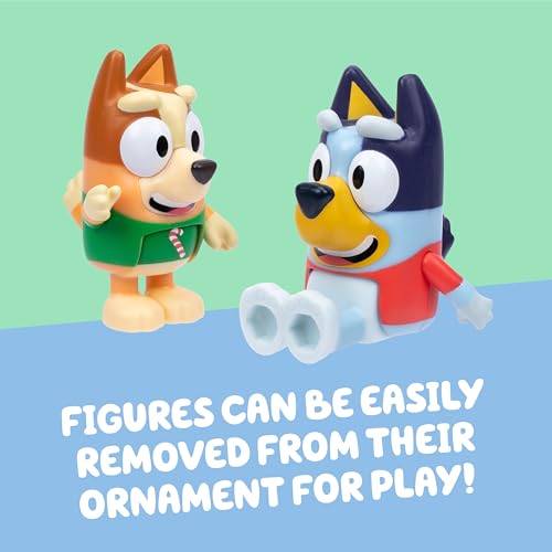 Image of Bluey Ornament Pack of 2, Poseable Mini Figures in Sweaters | Converts from tree decoration to toy figure, gold base, 2025 dated; Bluey Christmas gift for kids ages 3+