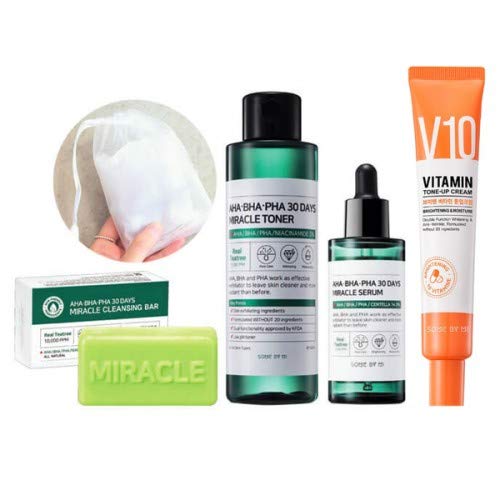 Some By Mi Miracle Soap + Miracle Toner + Miracle Serum + V10 Vitamin Tone-Up Cream + Bubble Foam Net (Set)