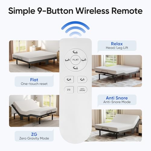 Image of Queen Adjustable Bed Frame with Adjustable Legs, Electric Bed Base Frame with Wireless Remote, 3 Retainer Bars, Zero Gravity & Anti-Snore