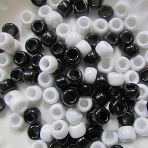 100 x Pony Beads 9mm x 6mm Black and White Mix - Plastic Barrel Round Craft Beads