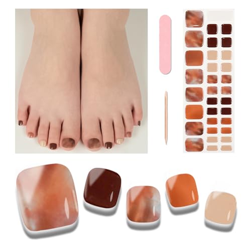 Wekcekcek Semi Cured Gel Toenail Strips, 32 Mocha Marble Gel Toenail Stickers - Works with Any UV Lamps Pedicure Strips Full Nail Wraps with Nail File & Wood Stick