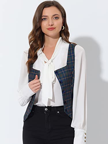 Allegra K Women's Square Neck Christmas Single Breasted Sleeveless Vintage Plaid Waistcoat Vest2