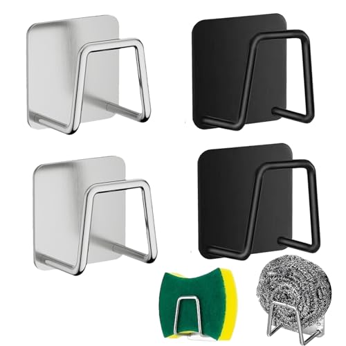 Gudemoore 4 Pièces Porte-Eponge en Acier Inoxydable Support Auto-Adhésif pour Rangement de Cuisine et Salle de Bain