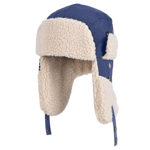 ayamaya Winter Trapper Hat with Face Cover/Ear Flap/Chin Strap/Faux Fur, Ushanka Russian Style Windproof Cover Trooper Hat for Men/Women (Blue, Adult (21-24 INES))