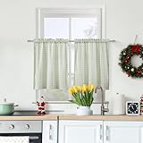 ZJDECOR Sage Green White Buffalo Plaid Tier Cafe Curtains 24 Inches Long,Gingham Crinkled Not-See-Through Sheer Kitchen Curtains,Cottage Style Window Treatment,Rod Pocket,26' Wx24 L(Pack of 2)