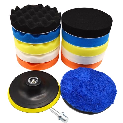 BLINGOBLING 12Pcs 5inch Foam Buffing Polishing Pads Kit, with Coral Fleece Pad, Backing Plate, M14 Drill Adapter, Car Buffing Kit for Car Polishing, Waxing, Sealing Glaze (12Pcs-5inch)