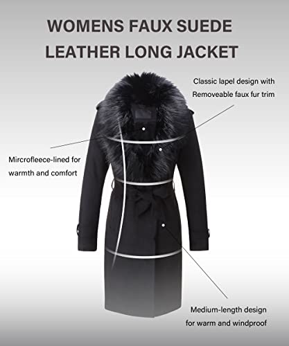 Bellivera Women Faux Leather Trench Coat Fleece-Lined Mid-length Jacket with Detachable Fur Collar3