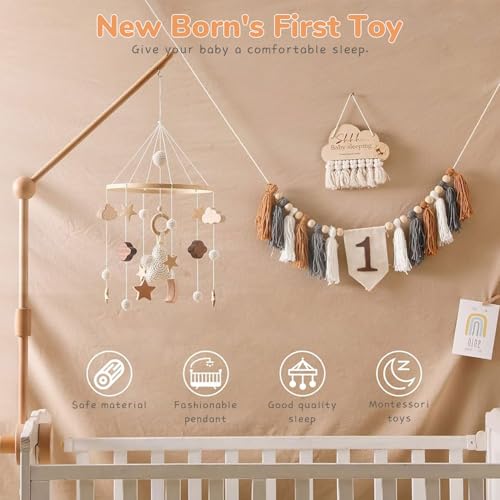 Image of SNOWIE SOFT Cradle Toys Hanging, Cute Wooden Crib Toys for New Born Baby with Assorted Wooden Charms Crib Mobile Toy Baby Soothing Toy Babies Cribs Ornament Babies Rustic Nursery Room Decor