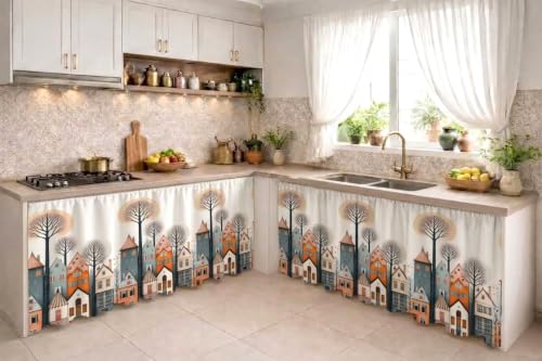 Image of Decorative Sink Curtain for Kitchen | Pack of 2 | 150x70 cm Under-Sink Cover | Printed Fabric Panel with Rod Pocket | Washable Storage-Hiding Curtain for Modern Home Decor (City)