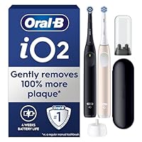 Oral-B iO2 Duo Electric Toothbrushes, 2 Gentle Care Toothbrush Heads, 1 Travel Case, 1 Travel Refill Holder, Oral B Toothbrush Adults (Night Black and Calm Pink), Designed by Braun, 2 Pin UK Plug