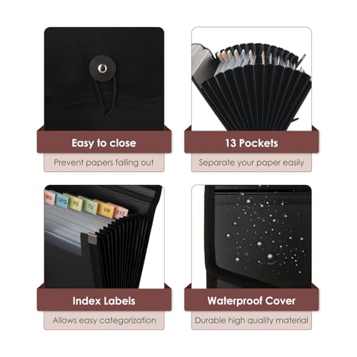 Image of Polen Expanding Cheque Book Holder Case, 13 Pocket Multi Passbook Holder /Bill Folder /Passport /Memo Cards /Cash Storage Pouch Organizer with Elastic Swing .(Radiant Black)