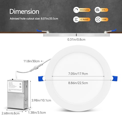 CycevSun 12 Pack 8 Inch LED Recessed Lighting with Night Light, Canless Wafer Downlight Ultra Thin, Dimmable & 5CCT Selectable, 15W, 1350LM, ETL, 120-277V, 8.2Inch Cutout by CycevSun - Image 6