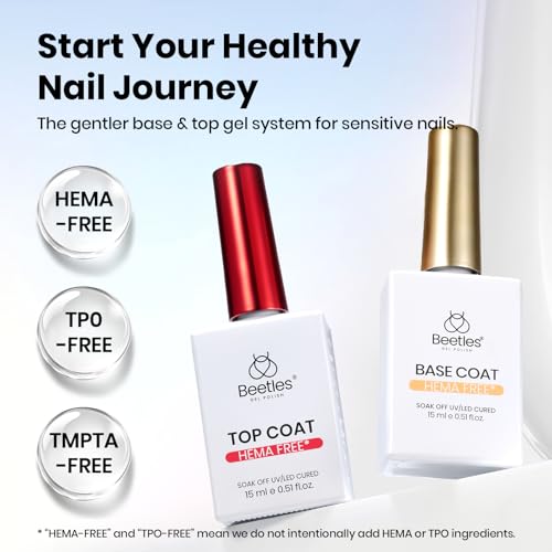 Image of Beetles Hema-Free Gel Top and Base Coat 15ml, TPO Free No Wipe Clear Glossy Nail Polish Set Long Lasting Soak Off UV Lamp Upgraded Safe Low-Sensitivity Formula Nail Gifts for Women