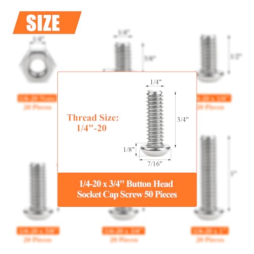 Image of 50 Pieces 1 /4-20 x 3 /4 inch Button Head Socket Cap Screws Bolts, HELIFOUNER 304 Stainless Steel (18-8) Screws, Bright Finish, Fully Threaded