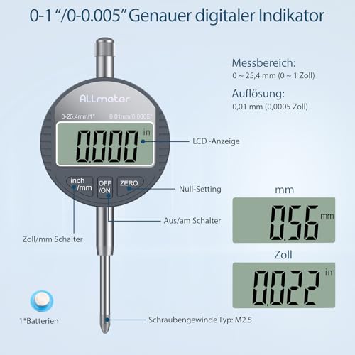 ALLmeter Digitaler Bremsscheiben Messuhr, 0-25,4mm/0,0005 Präzision, mit 360° flexibler Halterung und Zange, ideal für bremsscheiben vorne und Werkstattbedarf
