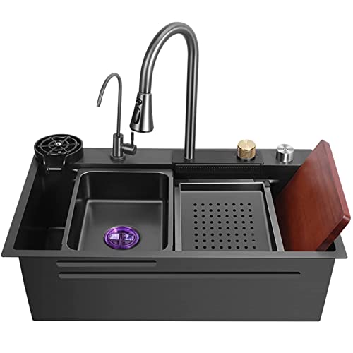 Évier cascade en acier noir 68x46 cm avec lave-tasse innovant pour cuisine