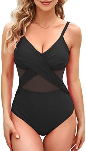 TcIFE Damski strój kąpielowy Belly Fit One Piece V Neck Mesh Design Swimwear Monokini with Belly Control Adjustable Spaghetti Straps Swimsuit.
