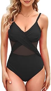 TcIFE Damski strój kąpielowy Belly Fit One Piece V Neck Mesh Design Swimwear Monokini with Belly Control Adjustable Spaghetti Straps Swimsuit.