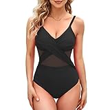 TcIFE Damen Badeanzug Bauchweg One Piece V Ausschnitt Masche-Design Badebekleidung Monokini mit Bauchkontrolle Verstellbaren Spaghettiträgern Bademode Swimsuit