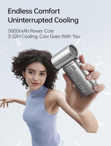 Image of JISULIFE Mini Handheld Fan Life9S - Sleek Chrome: Turbo Power, 22 Hours Cooling, LED Display, 5000mAh, 5-Speed, Small Portable Fan for Travel, Cruise, Concerts, Trendy Gifts for Women Men-Silver