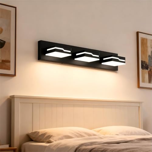 Image of LED Modern Bathroom Vanity Light Fixtures 3-Light, 19 inch Dimmable Matte Black Vanity Lights for Bathroom Lighting Fixtures Over Mirror, with 350Rotatable Acrylic Heads(White Light 5500K)
