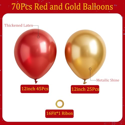Image of Red and Gold Balloons,70 Pack 12 inch Metallic Gold and Helium Matte Red Balloons for Valentine's Day Wedding Birthday Engagements Anniversary Party Decorations