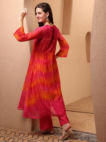 Image of EthnicJunction Women Georgette Relaxed Fit Tie & Dye & Embroidered A-Line Flared Kurta,Summer Kurta,Kurta For Office,Long Kurti