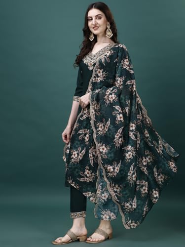 Image of NIVANA Floral Embroidered Regular Kurta with Trousers & Dupatta for Womens | Fashionable