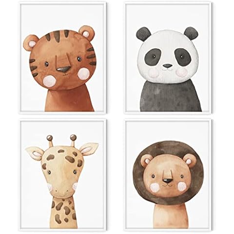 HappyArts Juego de 4 pósteres de animales pintados a mano sin marco para habitación de bebé Cover