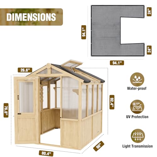 Image of EAGLE PEAK 6.7x7.8x7.7 ft Wood and Polycarbonate Walk-in Greenhouse, Cedar Hobby Green House with Roof Vent, Mesh Cover Included, Natural