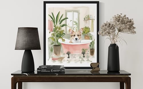 Image of Corgi in Bathtub Black Framed Wall Art Poster Print, Animal Bathtub Restroom Wall Art Painting for Bathroom Decor Gallery Gallery 30 (Corgi in Bathtub, 10 inch L x 8 inch W, Black Frame)
