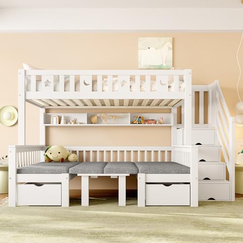 Moimhear Cama alta multifuncional, 90 x 200 cm, cama 2 en 1 y escritorio, escalera de almacenamiento, valla decorativa con estrellas y luna, color blanco