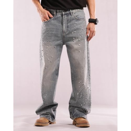 Mens Rhinestone Jeans Vintage Baggy Sparkly Wide Leg Denim Pants4