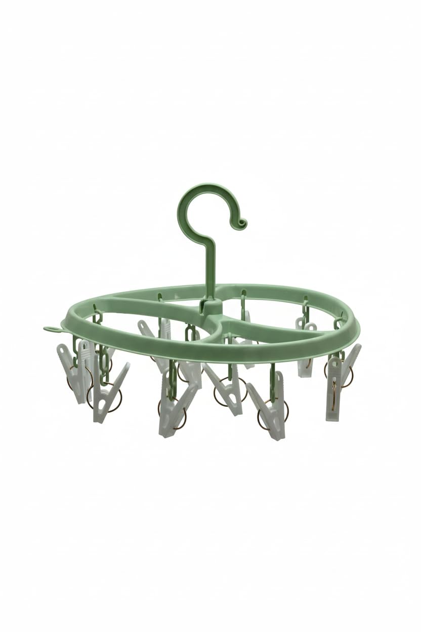 Swl Green Hanging Laundry Dryer With Pegs – Socks & Underwear Drying Rack, Space Saving Clip Hanger For Small Clothes, Indoor Outdoor Use (12 Pegs)