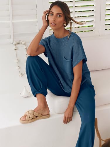 Image of ANRABESS Women's Two Piece Outfits Sweater Sets Knit Pullover Tops and High Waisted Pants Tracksuit Lounge Sets