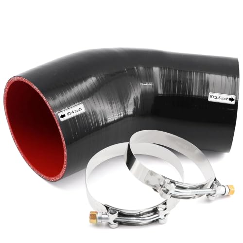 Image of High Performance 45 Degree ID 3.5 to 4 inch(89-102mm) Elbow Silicone Coupler Hose Reducer, 4-Ply Reinforced Wall Thickness 5mm Length 4 inch for Turbo /Intercooler /Intake Pipe with 2 T-Bolt Clamps