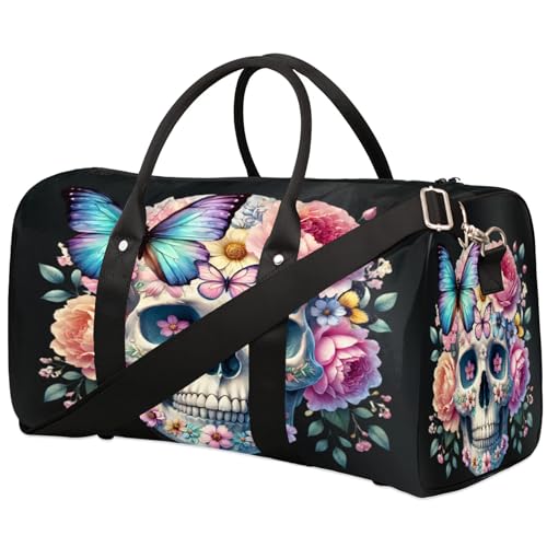 Travel Duffle Bag Gothic Skull Flower Sports Gym Bags for Women Men Weekender Overnight Bags Waterproof Carry On Tote Bag Workout Bag for Dance Swimming Yoga Hospital