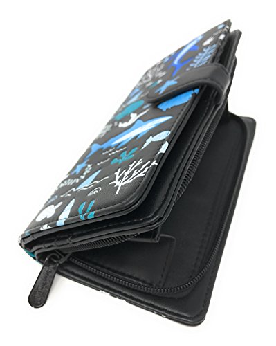 Shag Wear Shark Pattern Large Wallet for Women and Teen Girls Vegan Faux Leather Black 7"3