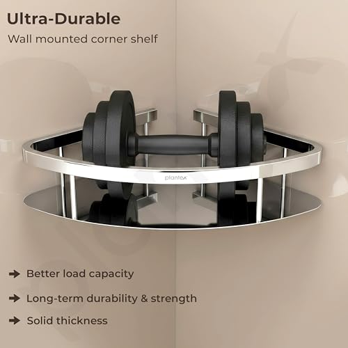 Image of Plantex Bathroom Corner Shelf for Wall Mount /304 Grade Stainless Steel Corner Shelf for Bathroom with Railings /Bathroom Accessories Holder (9x9 inches, Chrome)