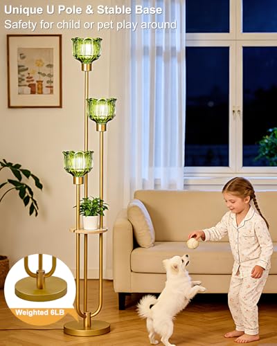 Image of Lightdot Glass Floor Lamp for Living Room 3-Lights Modern Gold Floor Lamp with Green Glass Shade 3000K Bulbs Included Unique Tall Standing Lamp with 5Lb Heavy Base for Bedroom /Sofa Beside /Corner Decor