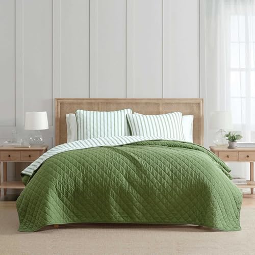 Image of Martha Stewart - King Quilt Set, 100% Soft & Breathable Bedding with a Lightweight Feel for Year Round Comfort, 3 Piece Bed Set with Matching Pillowcases (Ticking Stripe Green)