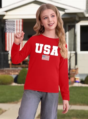 Image of Ithalt 4th of July Outfit Kids Girls American T Shirt USA T-Shirt Fourth of July Tops Patriotic Long Sleeve Tops