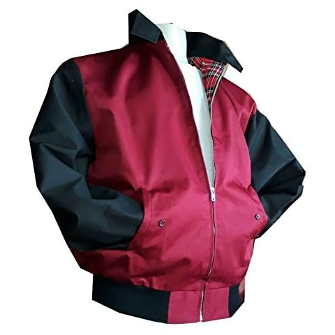 Classic Two Tone Harrington Bomber Jacket Poly Cotton Flap Pockets One Inside Pocket Poly Cotton Tartan Lining Elastic Cord at Hem and Cuffs Colours Beige, Burgundy & Sky Blue (2XL, Burgandy) Cover