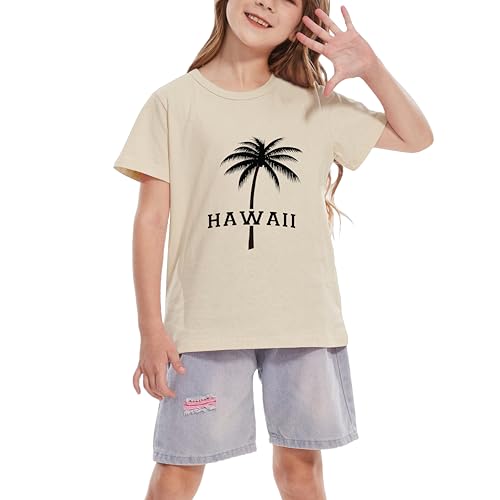 Image of Girls Hawaiian Print Beach T-Shirt Crew Neck Tops Summer Casual Short Sleeve Vacation Tees for Kids Teen 1-14 Years