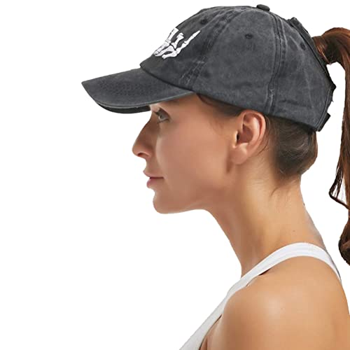 Image of Skeleton Hand Hat, Skull Finger Baseball Cap Adjustable Washed Distressed Denim for Men Women