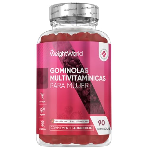 Multivitaminas y Minerales para Mujer - 90 Gominolas Sabor Fresa y Frambuesa - 13 Nutrientes Esenciales como Aceite de Onagra, Ácido Hialurónico, Vitaminas B, C, E, Calcio, Yodo y Zinc - Vegano