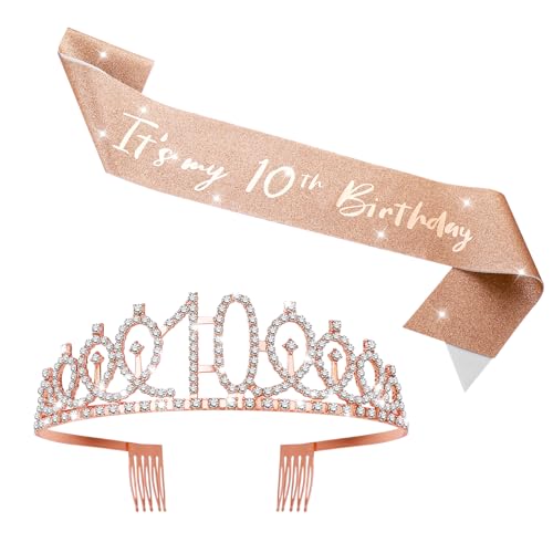 10. Geburtstag Mädchen Schärpe und Krone Prinzessin Krone Set Roségold Kristall Geburtstagkrone Glitzer Schärpe Geburtstag Party Deko für 10 Jähre Mädchen Frauen Birthday Party Accessoires