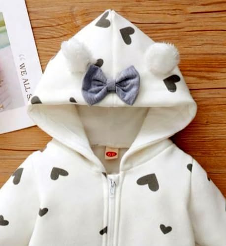 Image of BRANDONN Kids Baby Cotton Fleece Jumpsuit Romper Onesie Sleep Suit Hooded Semi Winter Zipper (White & Grey, 3-6 Months, Length : 56 cm x Chest : 28 cm)