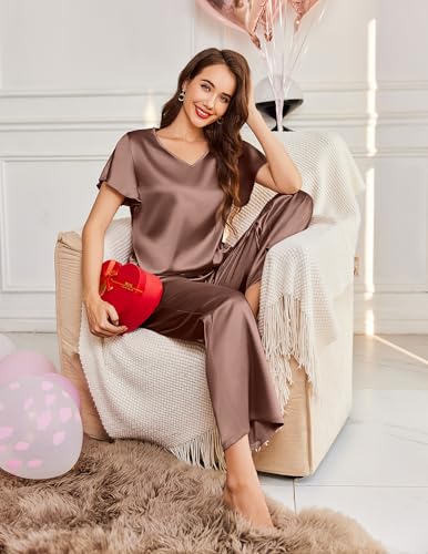 Image of Ekouaer Women's Satin Silky Pajama Set 2 Piece Short Sleeve Shirt with Long Pants Pjs Sets Soft PJ Loungewear S-XXL